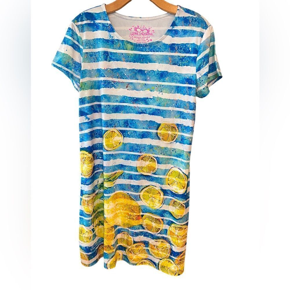 Leoma Lovegrove Sz S Blue Stripe Lemon Print Spring Summer T-Shirt Dress